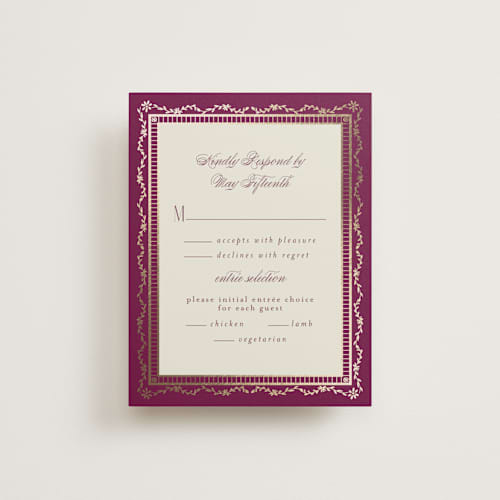 This is a garnet rsvp cards with foil pressed by Chris Griffith called amber palace printing on signature in standard