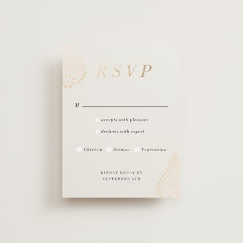 This is a champagne rsvp cards with foil pressed by Oma N. Ramkhelawan called henna stamp printing on signature in standard