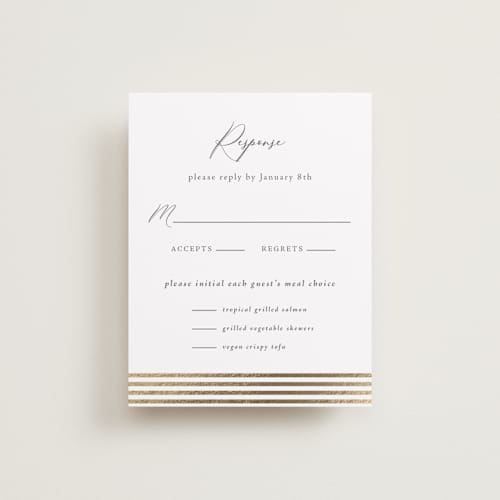 This is a leaf rsvp cards with foil pressed by Olivia Raufman called palm monogram printing on signature in standard