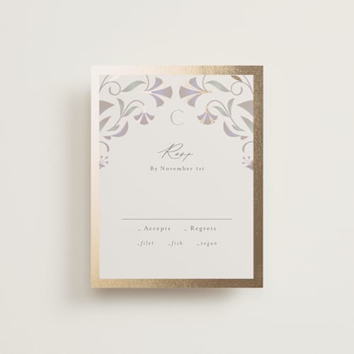 This is a vanilla rsvp cards with foil pressed by lori jacobs wemple called deco nouveau printing on signature in standard