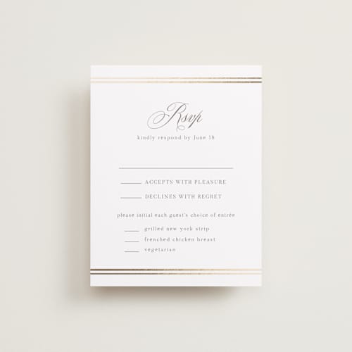 This is a pearl rsvp cards with foil pressed by Nicole Walsh called classic elegance printing on signature in standard