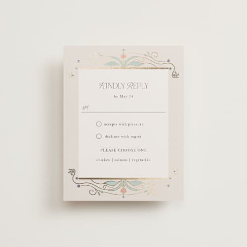 This is a ivory rsvp cards with foil pressed by Maria Hilas-Louie called ornate elegance printing on signature in standard