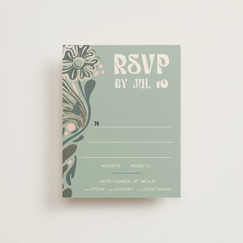 This is a sage rsvp cards with foil pressed by GeekInk Design called nouveau frame printing on signature in standard