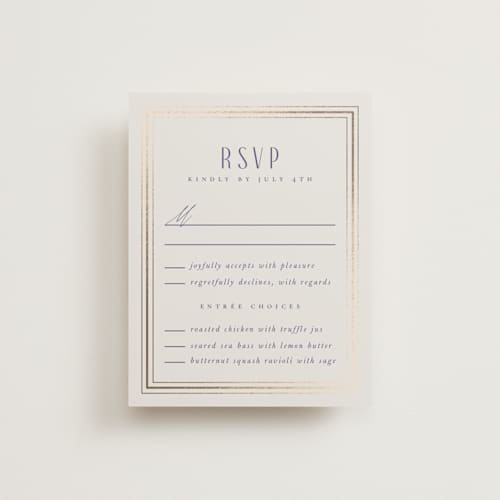 This is a dynasty blue rsvp cards with foil pressed by Ana de Sousa called tiled romance printing on signature in standard