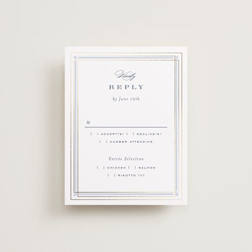 This is a dusty blue rsvp cards with foil pressed by Janean Hinger called aurelia printing on signature in standard