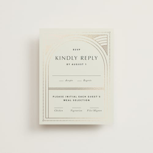 This is a fir rsvp cards with foil pressed by Kindred Fields called deco arch printing on signature in standard