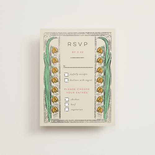 This is a birch rsvp cards with foil pressed by Shiny Penny Studio called deco spring florals printing on signature in standard