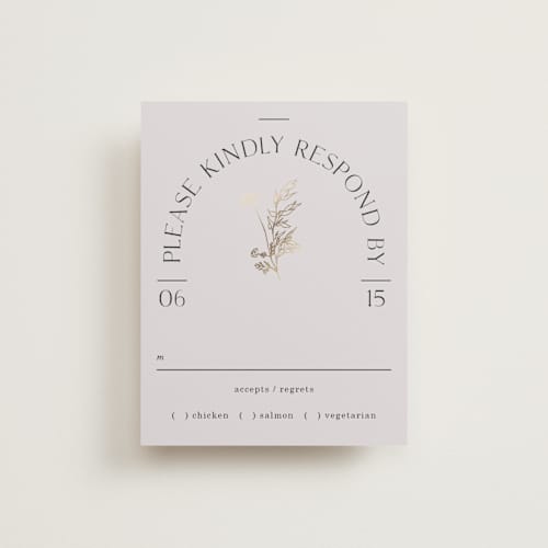 This is a linen rsvp cards with foil pressed by Baumbirdy called floral type arch printing on signature in standard
