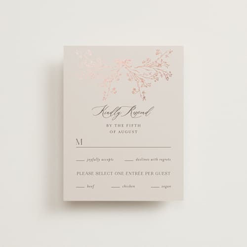This is a almond rsvp cards with foil pressed by frau brandt called shining florals printing on signature in standard