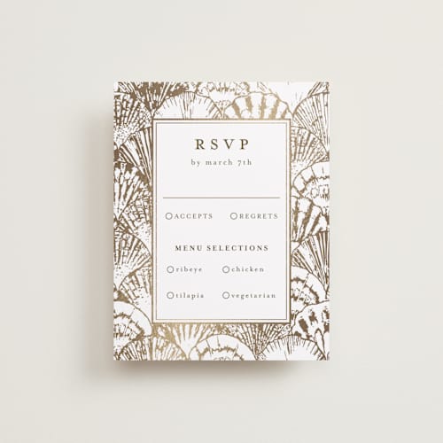 This is a pearl rsvp cards with foil pressed by Maria Alou called by the seashore printing on signature in standard