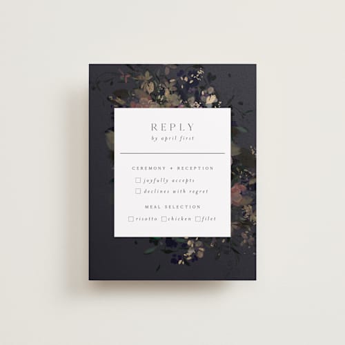 This is a midnight rsvp cards with foil pressed by Grace Kreinbrink called vintage rose garden printing on signature in standard