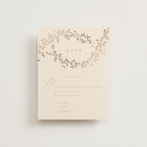 This is a sand rsvp cards with foil pressed by Creo Study called leafy garland printing on signature in standard