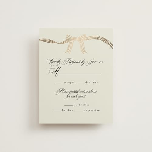 This is a champagne rsvp cards with foil pressed by Chris Griffith called all tied up printing on signature in standard