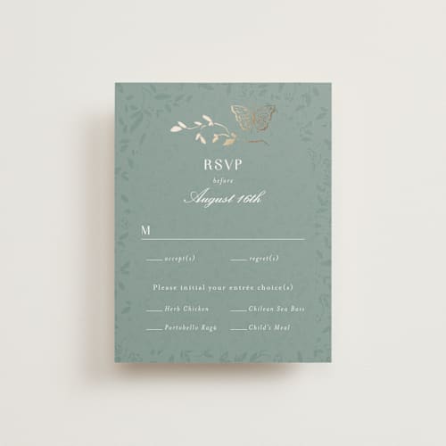 This is a eucalyptus rsvp cards with foil pressed by Simona Camp called southern romance printing on signature in standard
