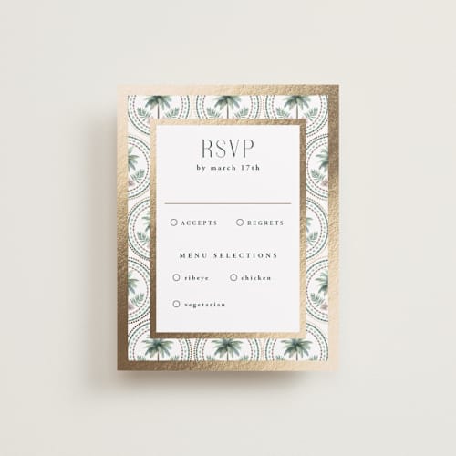 This is a sand rsvp cards with foil pressed by Maria Alou called vintage palms printing on signature in standard