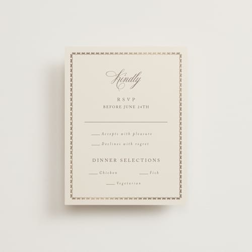 This is a champagne rsvp cards with foil pressed by Deynaaz Daraei called ahlum printing on signature in standard