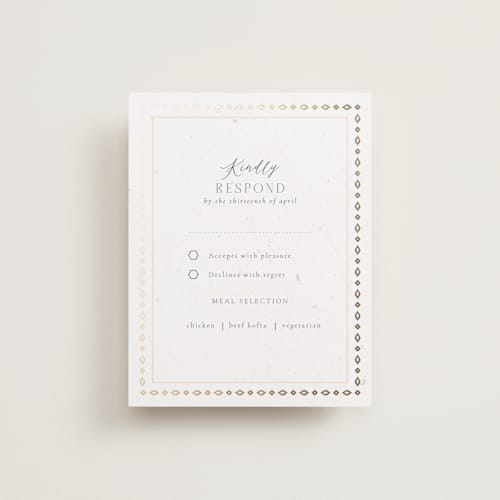 This is a scarlet rsvp cards with foil pressed by Sabrin Deirani called islamic arch printing on signature in standard
