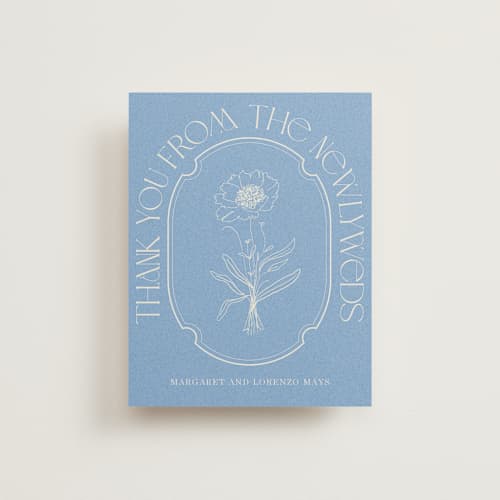 This is a cerulean wedding thank you cards with standard by Baumbirdy called flora arch printing on signature in standard