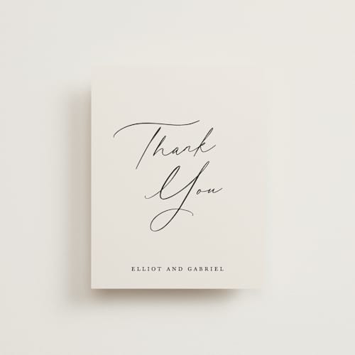 This is a ecru wedding thank you cards with standard by Hooray Creative called scripted names printing on signature in standard