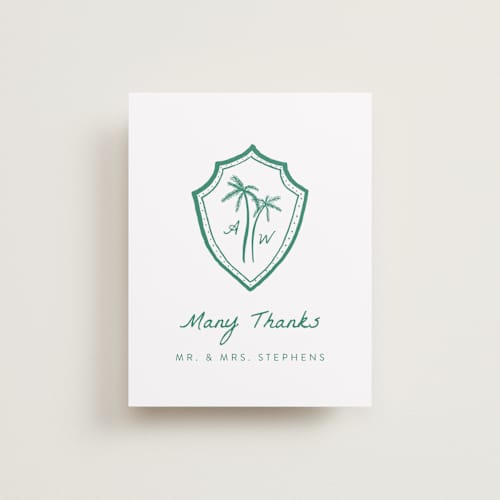 This is a palm wedding thank you cards with standard by Erika Firm called palm tree crest printing on signature in standard