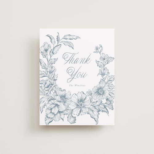 This is a lake wedding thank you cards with standard by Leah Bisch called wreath in bloom printing on signature in standard