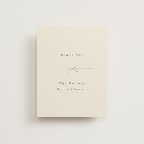 This is a ivory wedding thank you cards with foil pressed by Baumbirdy called bow tie printing on signature in standard
