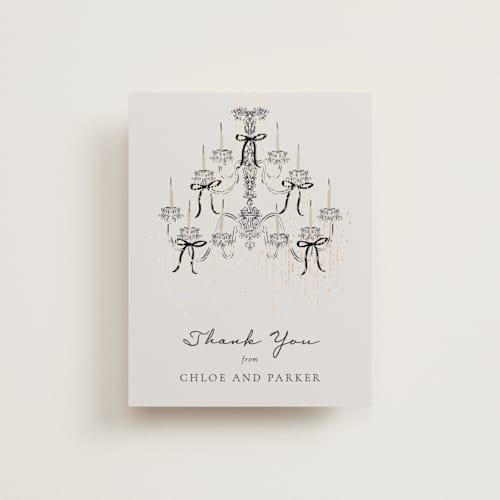 This is a noir wedding thank you cards with foil pressed by Jackie Crawford called hand illustrated whimsical chandelier printing on signature in standard