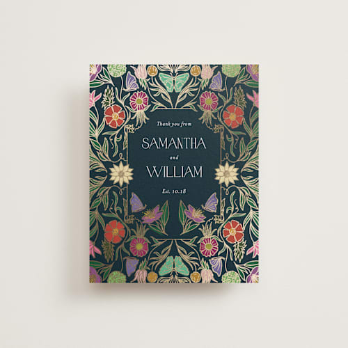 This is a midnight garden wedding thank you cards with foil pressed by Simona Camp called gilded tapestry printing on signature in standard