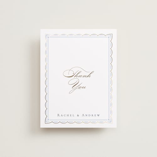 This is a dusty blue wedding thank you cards with foil pressed by Janean Hinger called aurelia printing on signature in standard