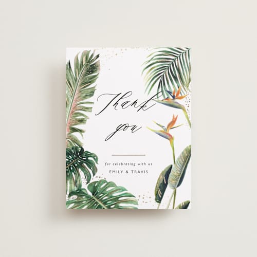 This is a tropical wedding thank you cards with foil pressed by Elly called our paradise printing on signature in standard