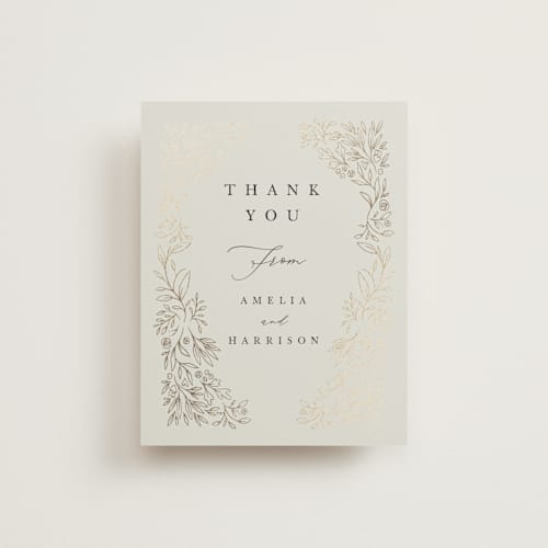 This is a taupe wedding thank you cards with foil pressed by Hannah Williams called foil botanical frame printing on signature in standard