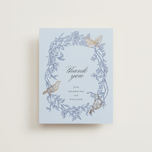 This is a cornflower wedding thank you cards with foil pressed by Grae called meet me in the garden printing on signature in standard