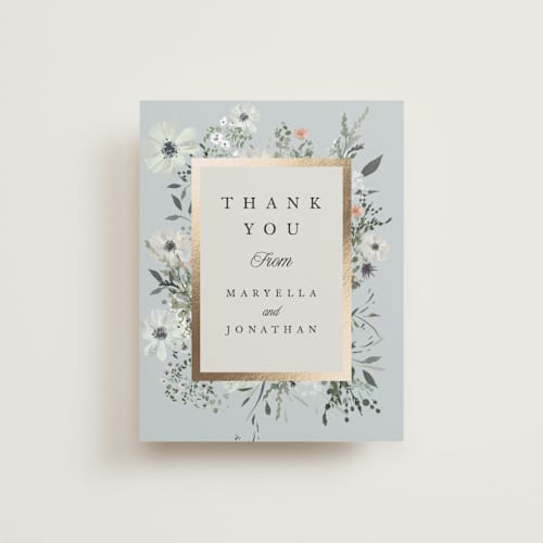 This is a mist wedding thank you cards with foil pressed by Hannah Williams called blue garden printing on signature in standard