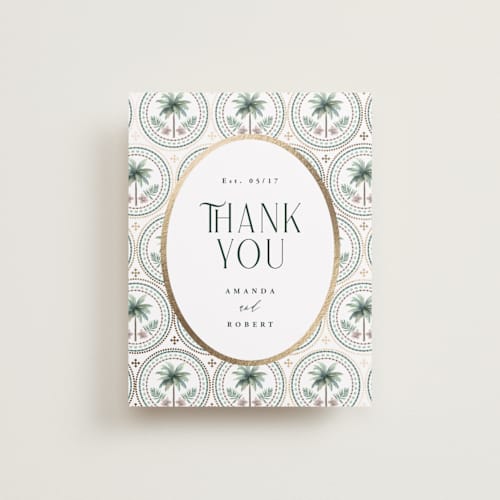 This is a sand wedding thank you cards with foil pressed by Maria Alou called vintage palms printing on signature in standard