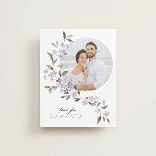 This is a periwinkle thank you postcards with standard by Itsy Belle Studio called sweeping vine printing on signature in postcard