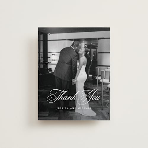 This is a dusty blue thank you postcards with standard by Jennifer Postorino called empire printing on signature in postcard