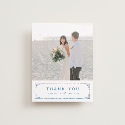 This is a navy thank you postcards with standard by Anastasia Makarova called watercolor tile printing on signature in postcard