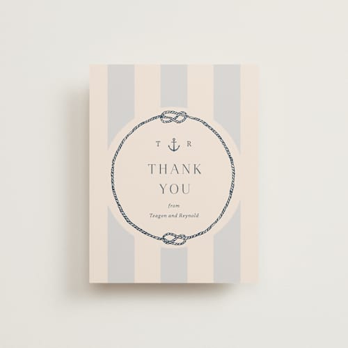 This is a sea breeze thank you postcards with standard by Rebecca Durflinger called nautical nuptials printing on signature in postcard
