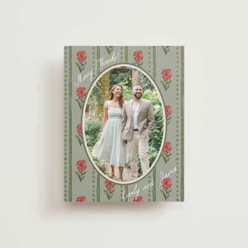 This is a coral fern thank you postcards with standard by Chris Griffith called wedding tapestry printing on signature in postcard