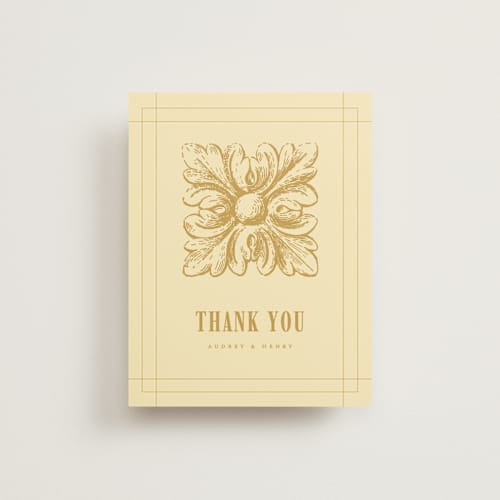 This is a butter thank you postcards with standard by Nazia Hyder called vintage label printing on signature in postcard