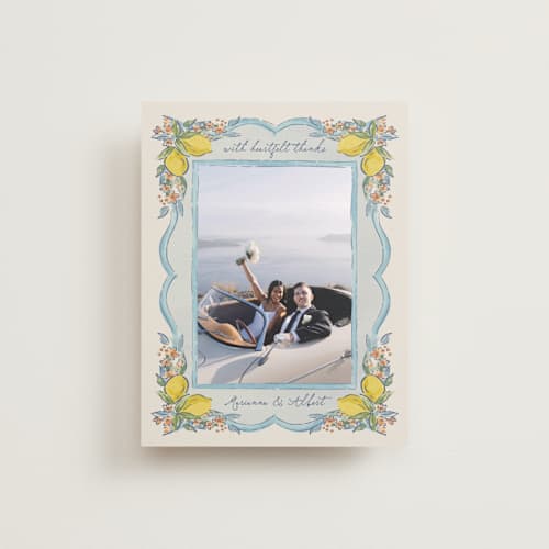 This is a aqua thank you postcards with standard by Chris Griffith called amalfi coast wedding printing on signature in postcard