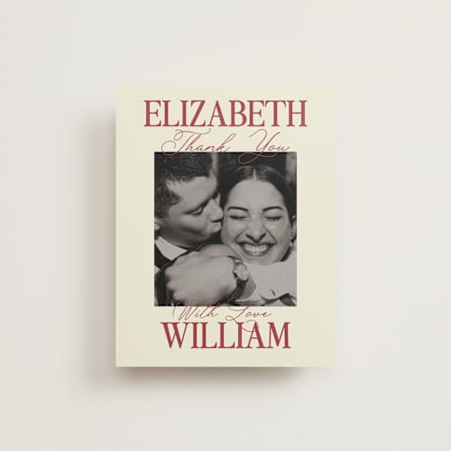 This is a burgundy thank you postcards with standard by Helena Vitto called elizabeth printing on signature in postcard