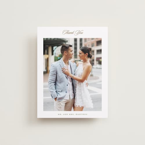 This is a golden wedding thank you cards with standard by Stacey Meacham called classic decorum printing on strathmore in standard