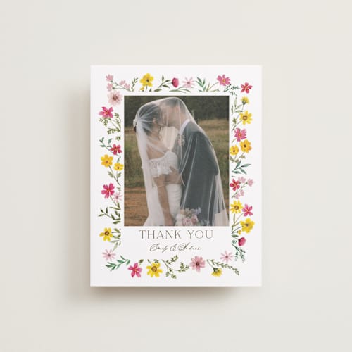 This is a peony wedding thank you cards with standard by Yaling Hou Suzuki called wildflower wreath printing on strathmore in standard