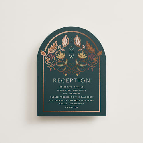 This is a deep sea foil stamped wedding invitations with foil pressed by Erin German called autumnal arch printing on signature in standard