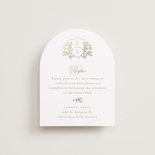 This is a ivory foil stamped wedding invitations with foil pressed by Mansi Verma called gold crest printing on signature in standard