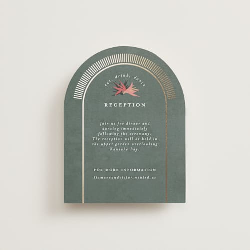 This is a coral foil stamped wedding invitations with foil pressed by Julie Hebert called birds of paradise printing on signature in standard