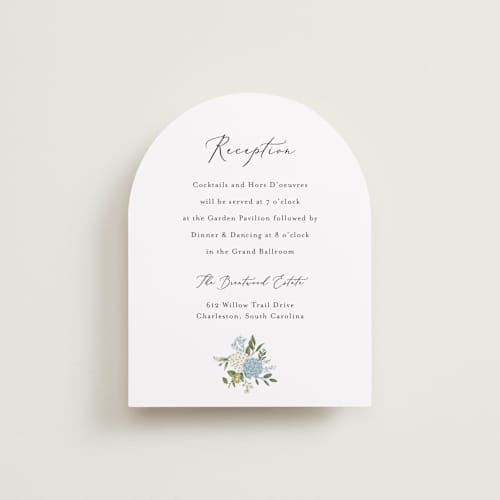 This is a coastal reception cards with standard by Susan Moyal called hydrangea vine printing on signature in standard