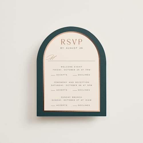This is a deep sea rsvp cards with foil pressed by Erin German called autumnal arch printing on signature in standard
