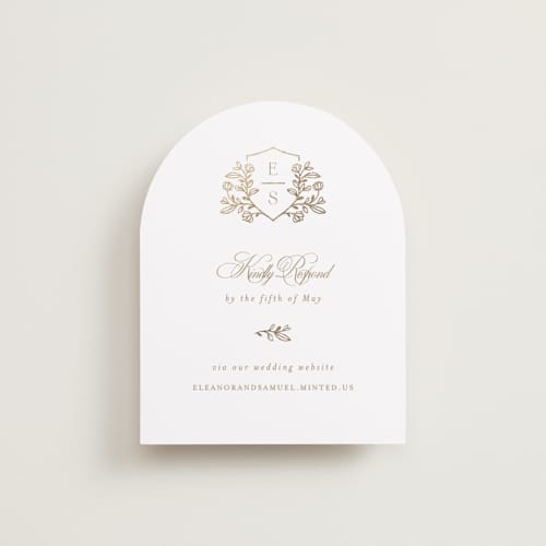 This is a ivory rsvp cards with foil pressed by Mansi Verma called gold crest printing on signature in standard